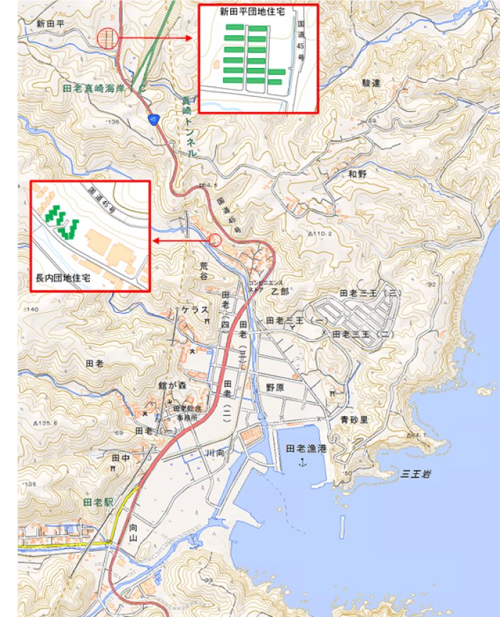 新田平、長内団地住宅の位置図