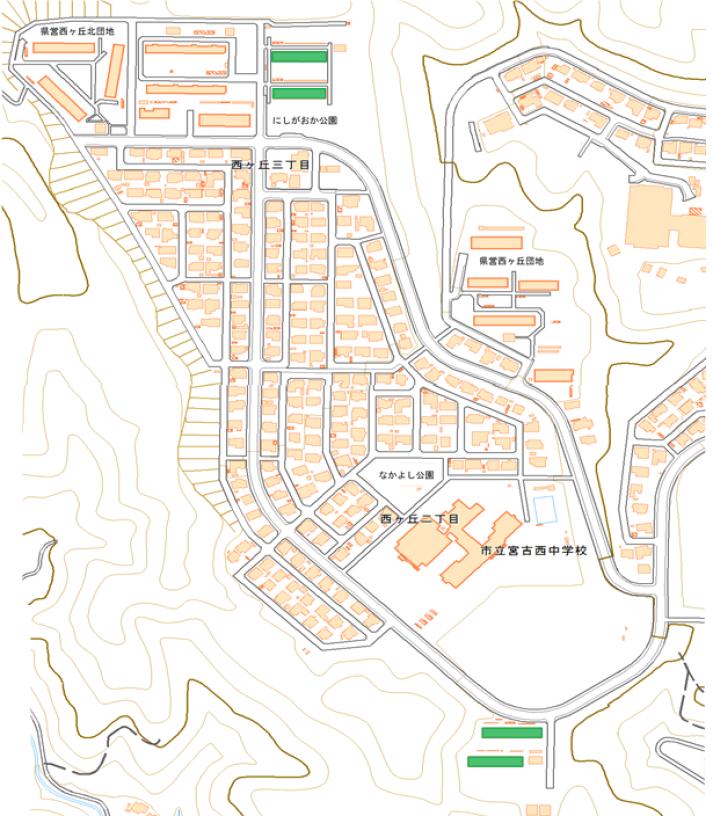 西ケ丘団地住宅の位置図（宮古市西ケ丘二、三丁目）