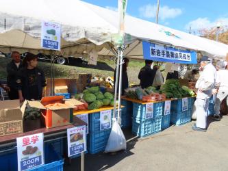 イベント用テントの下で里芋やピーマンなどの野菜が売られている写真