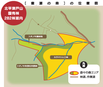 カラマツが植えられた人工の林とその周辺にある天然の林のエリア図