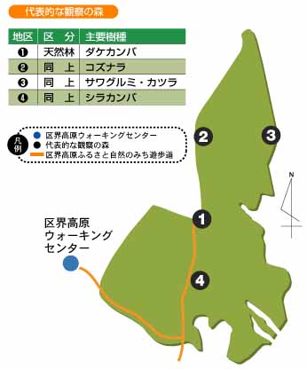 兜明神嶽にある代表的な4つの観察の森の位置を示した地図のイラスト