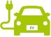 車のフロントに「EV」と書かれコンセントがつながっているEV車のイラスト