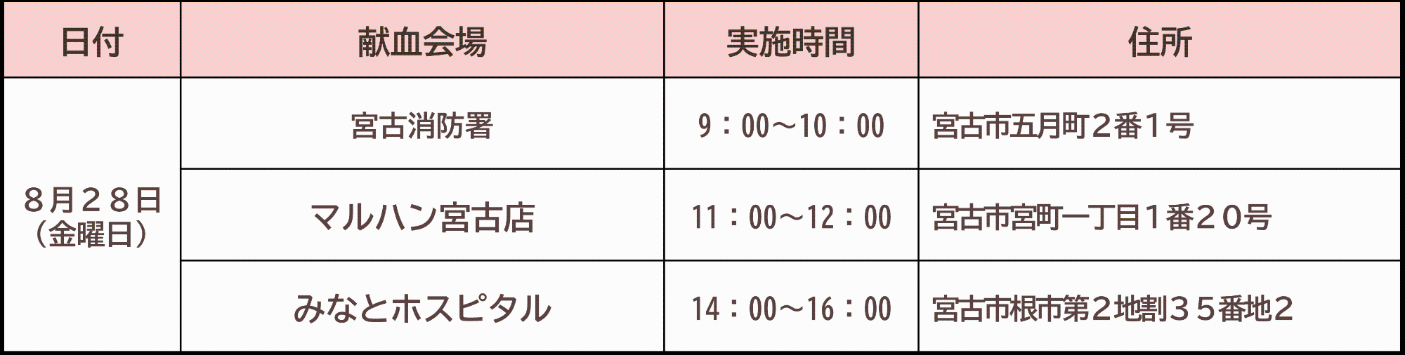 8月に宮古市にて行う全血献血の日程表です。8月28日に、宮古消防署、マルハン宮古店、みなとホスピタルにて行う予定です