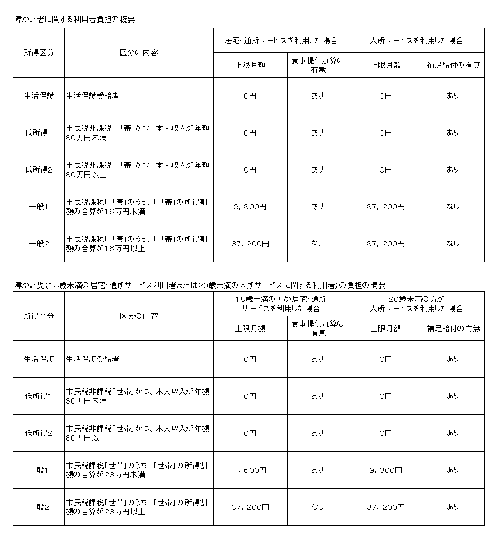 障がい者に関する利用者負担の概要と障がい児の負担の概要を示す2つの表