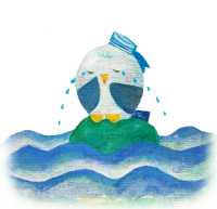 浮島の上で涙を流している「いのち支えあうみやこ」啓発キャラクター うみねこのみゃーさん。のイラスト
