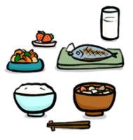 お茶碗にもられたごはんやお味噌汁や焼き魚が配線されているイラスト
