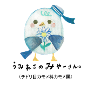 水兵帽子を被り白い花を両手で持っているうみねこのみゃーさんのイラスト