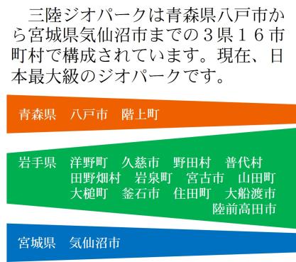三陸ジオパークは青森県八戸市か ら宮城県気仙沼市までの3県16市 町村で構成されています。現在、日 本最大級のジオパークです。