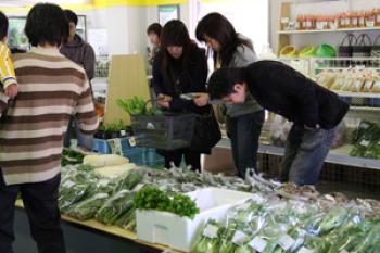 店内に沢山の新鮮な野菜が並べられ、お客さんが選んでいる様子の写真