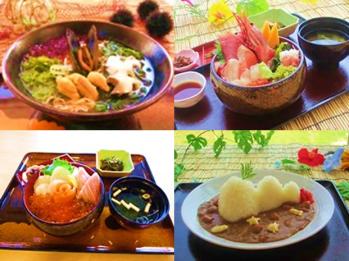 4種類の丼類やカレーなどの料理の写真