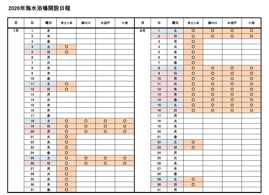 2026年海水浴場開設日程