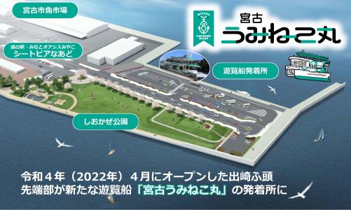 出崎ふ頭にある宮古うみねこ丸の船の発着所と、発着所に隣接する宮古市魚市場や道の駅のシートピアなあど、そしてしおかぜ公園を上空から見た写真