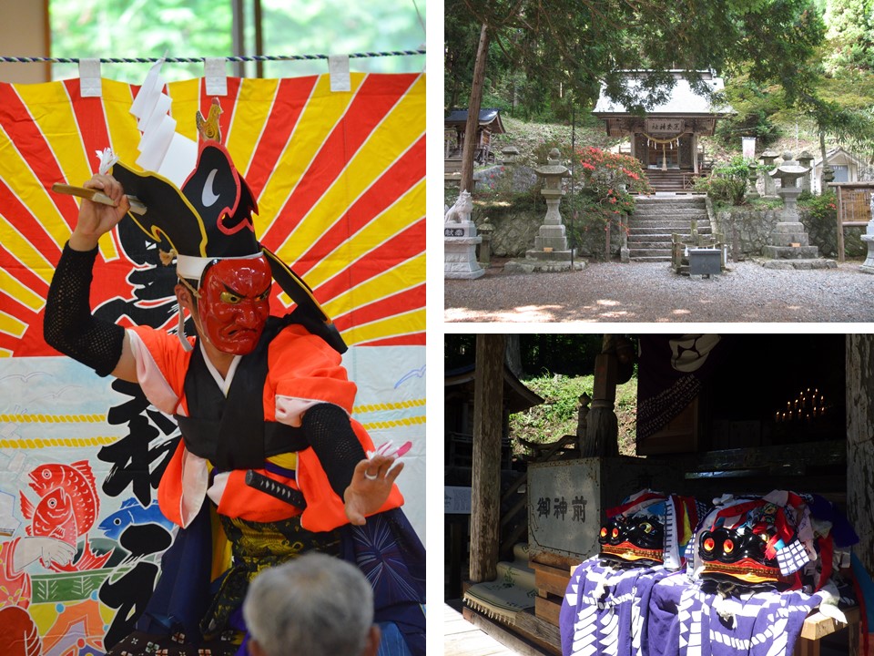 左側は幕の前で赤色のお面をつけて、踊っている写真、右上は黒松神社の社殿を全体を撮影した写真、右下は御神前と書かれた箱の横に2頭の獅子舞が置かれている写真