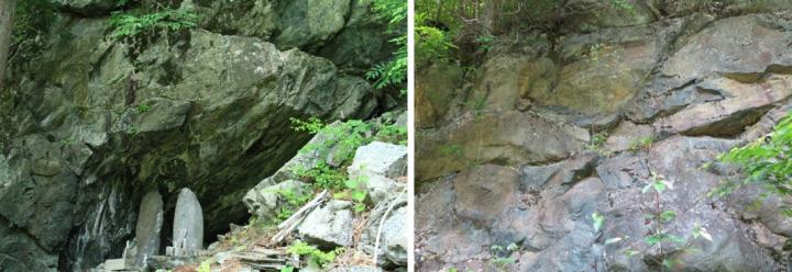 大きな岩が折り重なり、その下に「鉄胎の岩屋」の写真、積み重なってできた堆積岩の写真