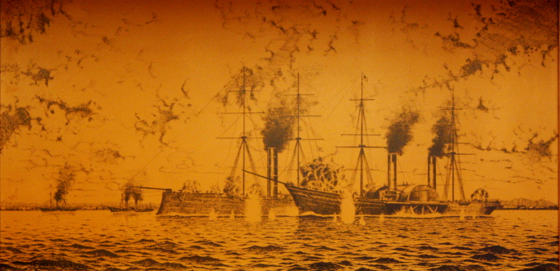 榎本艦隊が煙を上げて出港している様子の白黒写真