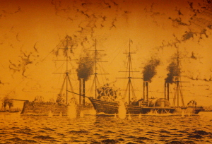 榎本艦隊が海に出港している様子の色褪せた写真