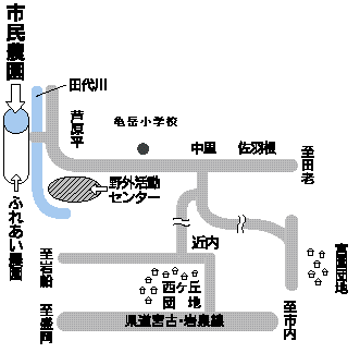 田老や宮古市内、岩船、盛岡など様々な方面から市民農園へ向かう際の地図イラスト画像