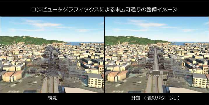 コンピューターグラフィックスによる末広町通りの整備イメージ 左:コンピューターグラフィックスによる現況の末広町通りの画像 右:コンピューターグラフィックスによる整備後の末広町通りの画像