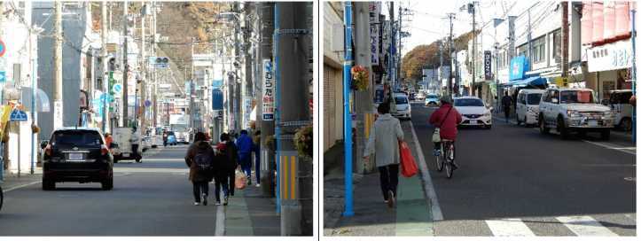 左:車が走り、人々が路側帯を歩く末広町通りを写した写真 右:道路わきに停車する車が目立つ末広町通りの写真