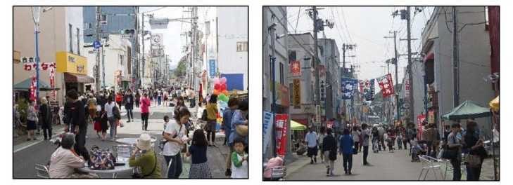 左:大勢の歩行者で賑わう末広町通りの写真 右:高いところに複数の垂れ幕が掲げられ、歩行者で賑わう末広町通りの写真