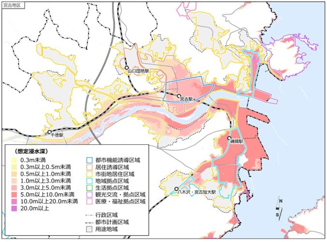 駅の周辺3箇所と地域拠点区域が線で囲われている地図