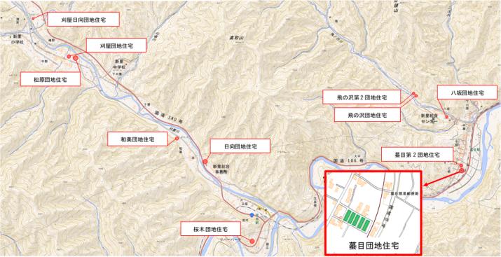 蟇目団地住宅の周辺地図を赤で囲った、市営住宅の位置図