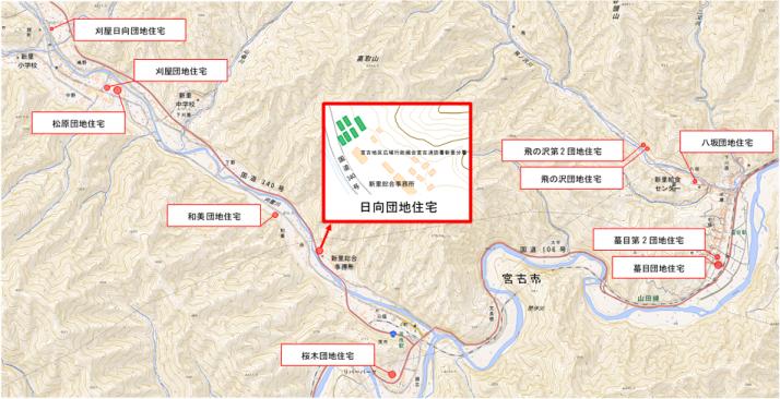 日向団地住宅の周辺地図を赤で囲った、市営住宅の位置図