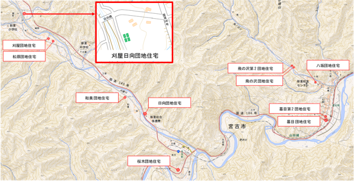 刈屋日向団地住宅の周辺地図を赤で囲った、市営住宅の位置図