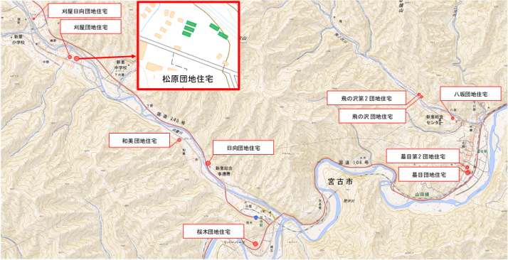 松原団地住宅の周辺地図を赤で囲った、市営住宅の位置図