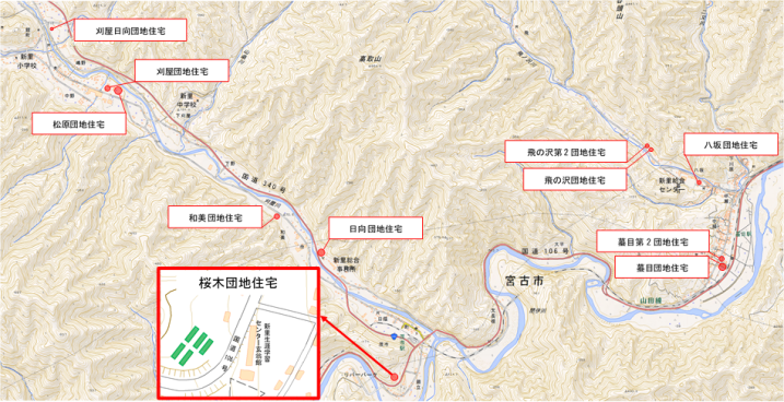 桜木団地住宅の周辺地図を赤で囲った、市営住宅の位置図