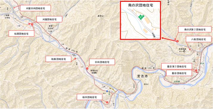 飛の沢団地住宅の周辺地図を赤で囲った、市営住宅の位置図
