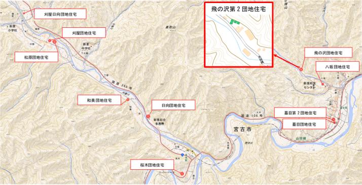 飛の沢第2団地住宅の周辺地図を赤で囲った、市営住宅の位置図
