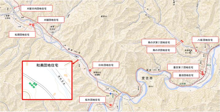 和美団地住宅の周辺地図を赤で囲った、市営住宅の位置図
