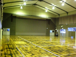 天井のライトに照らされた体育館内を全面のコートが入るように撮影した写真
