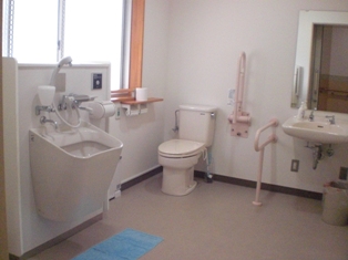 後方に手すり付きの様式トイレとオスメイト対応設備がある多目的トイレ内の写真