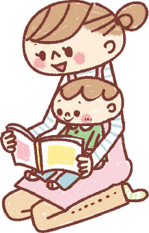 エプロンを着用した女性が幼児を自身のひざの上にのせて絵本を読んであげているイラスト