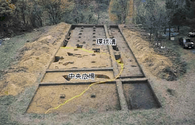 土が掘り起こされ、遺跡の跡が形どられて、所々に大小の穴や溝があり中央広場と環状溝の境目を黄色い線で分けている崎山貝塚中央広場と環状溝の様子(前期)の写真
