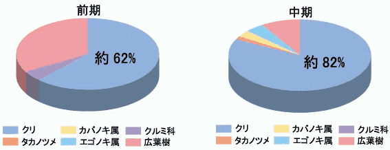 (左)縄文時代前期の植物の割合を示した円グラフ(右)縄文時代中期の植物の割合を示した円グラフ