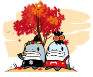 紅葉した木の下にサーモン君とみやこちゃんが座っているイラスト