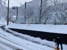右側のネットや木々に囲まれた広場に向かってカーブになっている、雪が積もった坂道で雪かきをおこなっている人の後ろ姿の写真