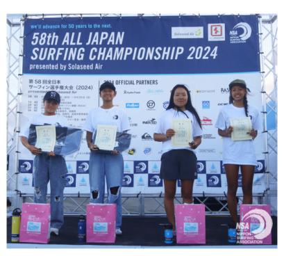 ステージ上で表彰された4名の選手が賞状を持ち記念撮影をおこなっている写真