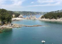 空に薄曇りがさす浄土ヶ浜の海に遊覧船が浮かんでいる様子を展望台から撮影した写真