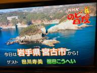 宮古市の紹介で雄大なリアス式海岸をバックに「今日は岩手県宮古市から」と表示された、のど自慢で放送されたテレビ画面の写真