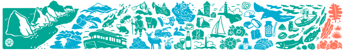 エターナルグリーン色と青色で交互に鮭や蟹などの特産品を交互に描いたイラストバナー