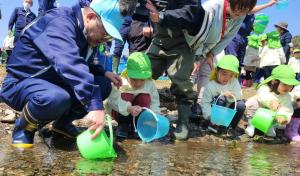 浅い水辺で市長と園児たちが自分のバケツに入った稚魚を放流している様子の写真