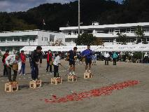 ビールかごの上に乗り、カギを使って赤い貝を取っている