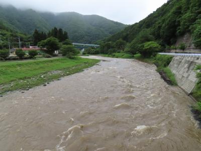 茶色く濁った川が勢いよく流れており水かさも河原まで増水している閉伊川の様子の写真