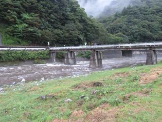 濁った水が流れる川にかけられた橋を川辺から見た写真