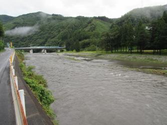 濁った水が流れる川を川沿いの道路から見た写真