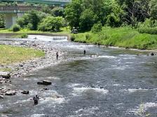 右奥に緑の木々が見え、流れている川の左岸に1人、後方に1人膝ほどの水の中に立っている様子を後方から撮影した写真